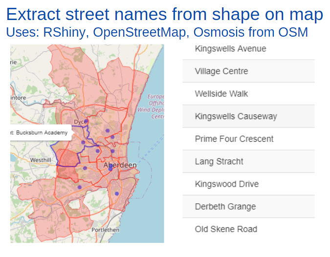 Using OpenStreetMap osmosis extract street names from polygon on map for display in RShiny table